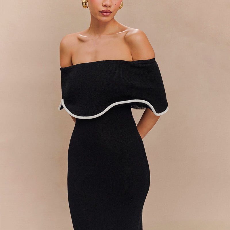 Black Off Shoulder Scallop Contrast Hem Dress