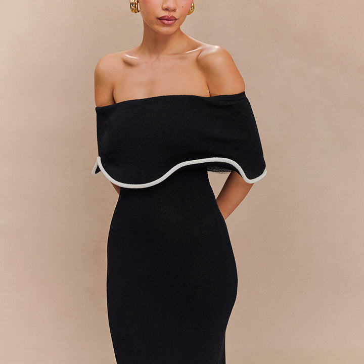Black Off Shoulder Scallop Contrast Hem Dress