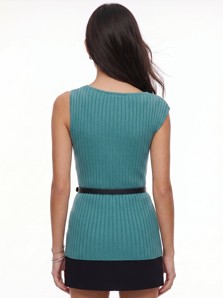 Blue Flat Knit Ribbed Top With Belt