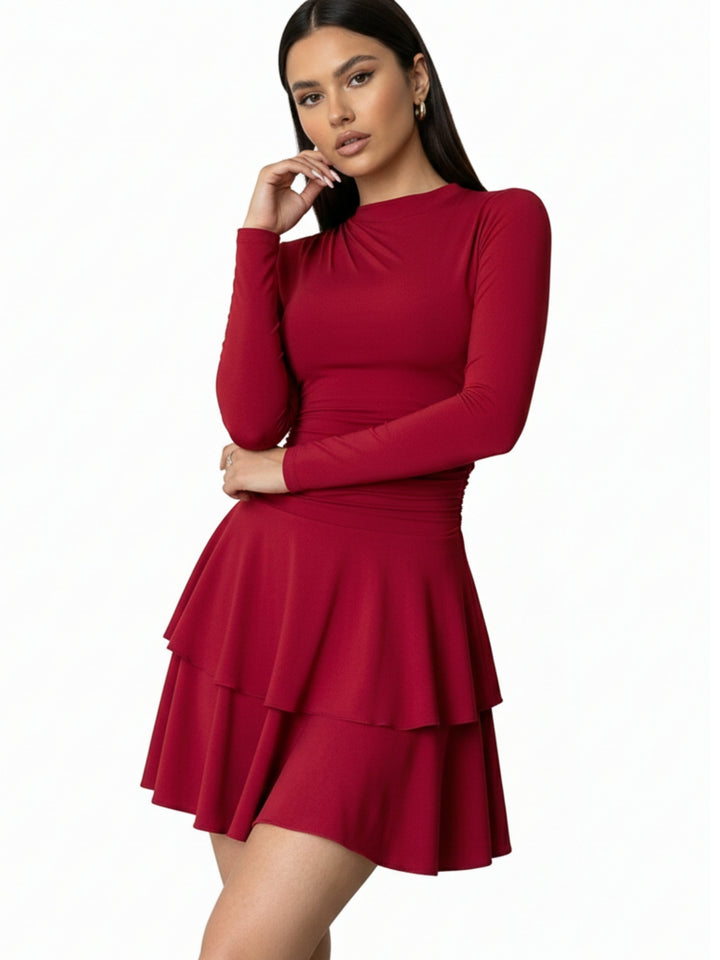 Red High Neck Cinched Waist Tiered Dress
