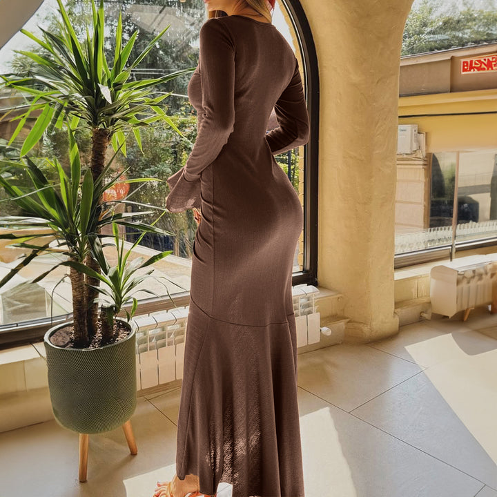 Brown Bell Sleeve Front Ruched Dress