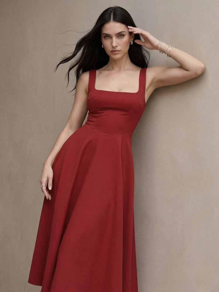 Red Square Neck Flared Dress