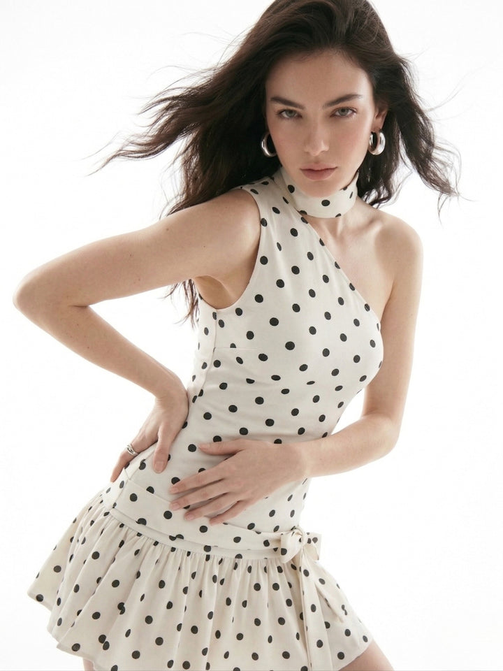 White Polka Dot Bubblehem Scarf Detail Mini Dress