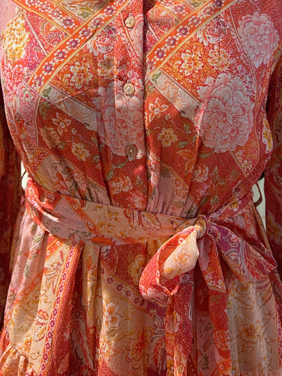 Orange Mini Length Tier Dress With Band Collar And Half Placket