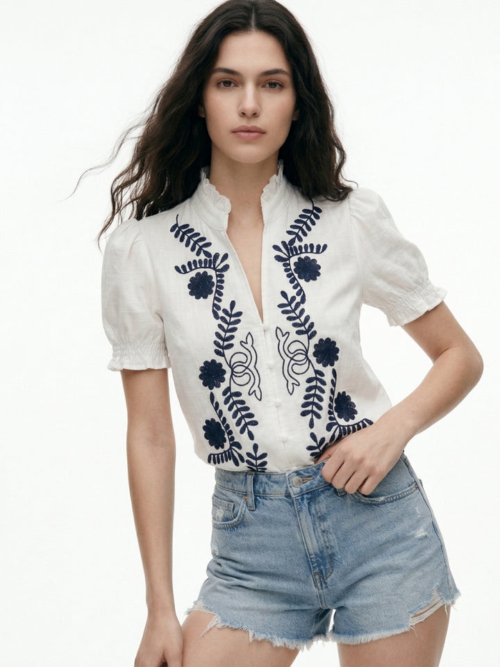 White Off Sleeved Ruffle Hem Top