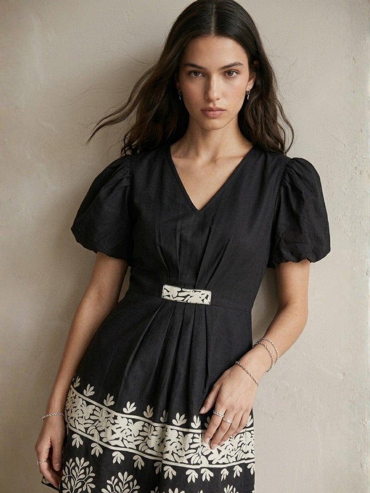 Black Short-Sleeve Floral Dress