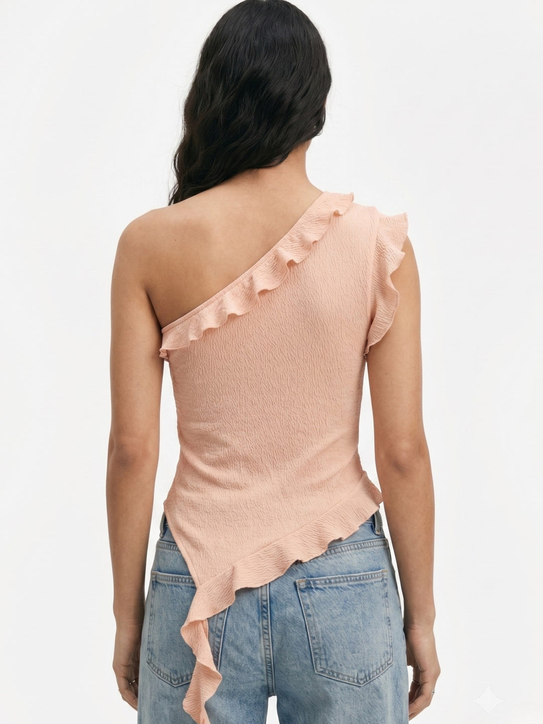 Peach Ruffle Detail Asymmetric Neck Top