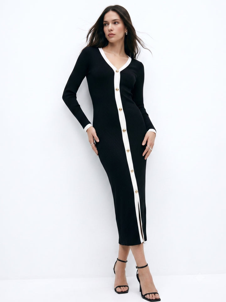 Black Contrast Placket Button Down Dress