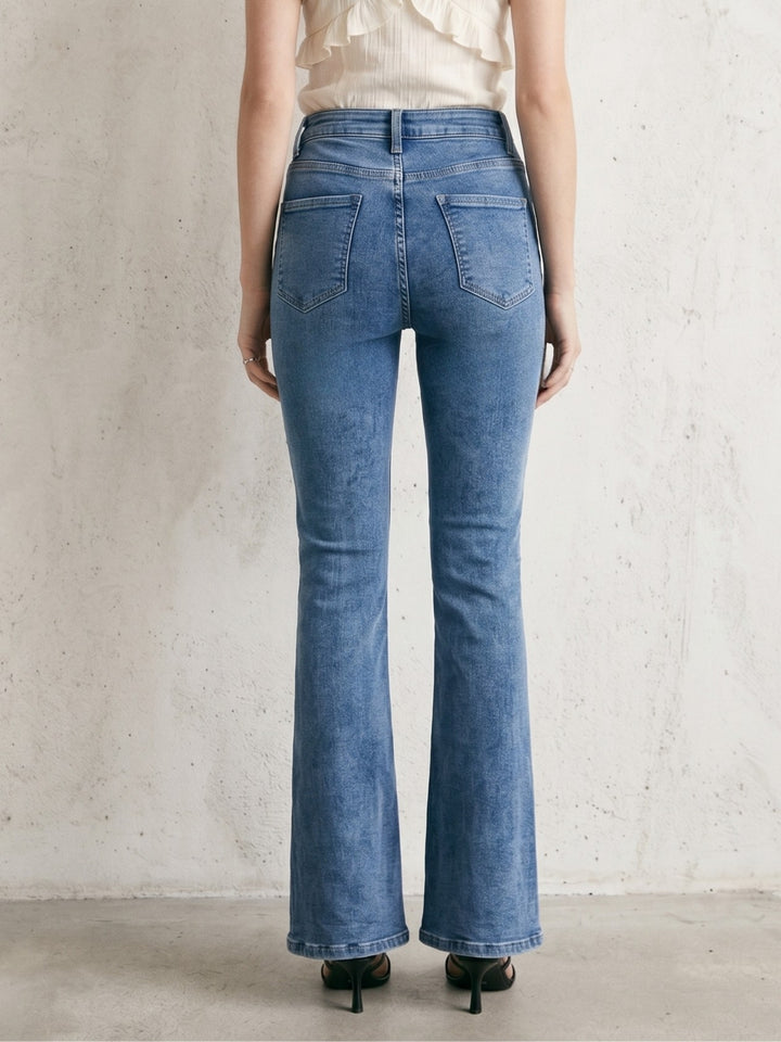 Light Blue High-Rise Knitted Denim Flared Jeans With Front Slit.