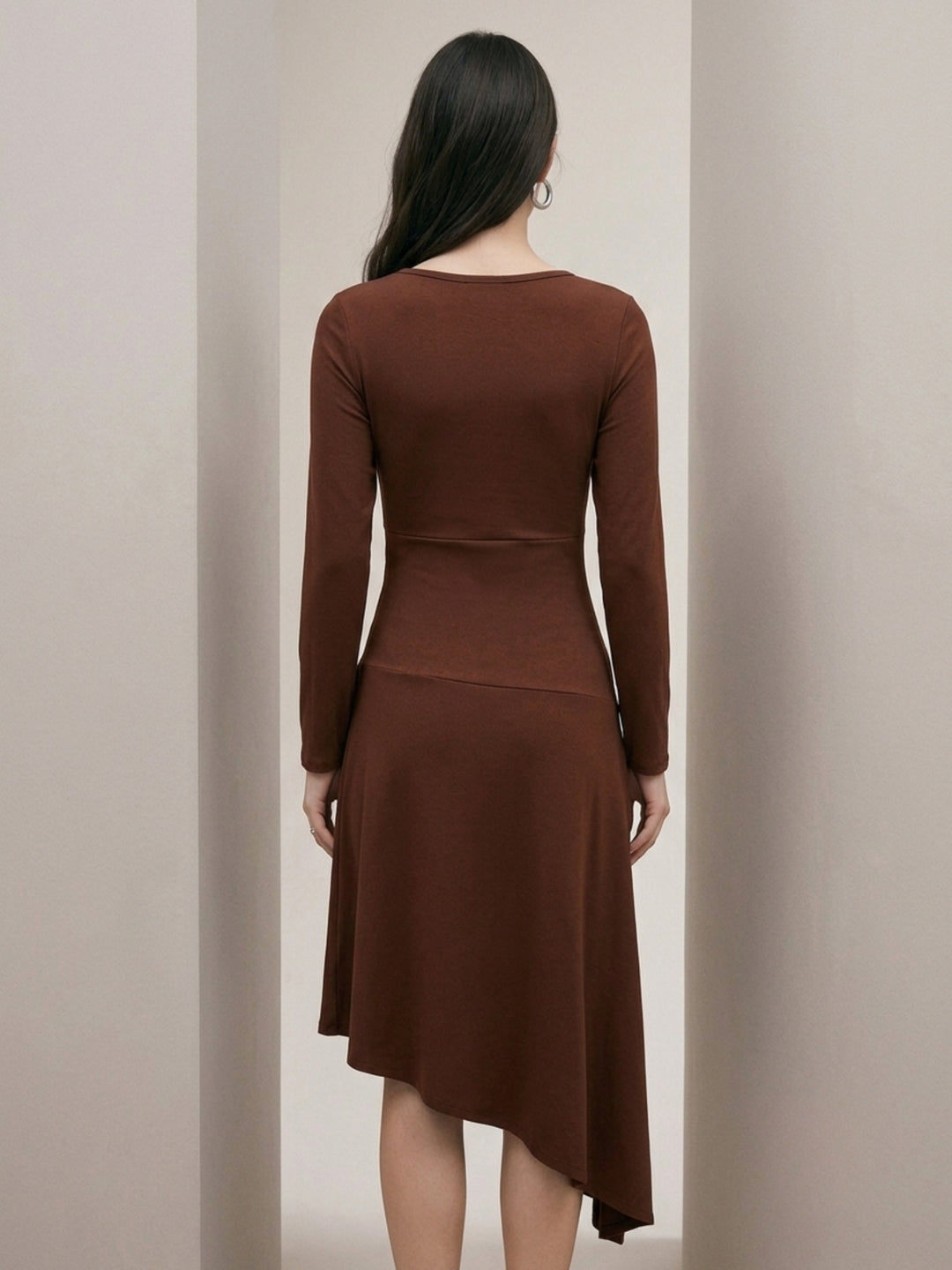 Brown High Neck Fitted Asymmetric Hem Solid Dress