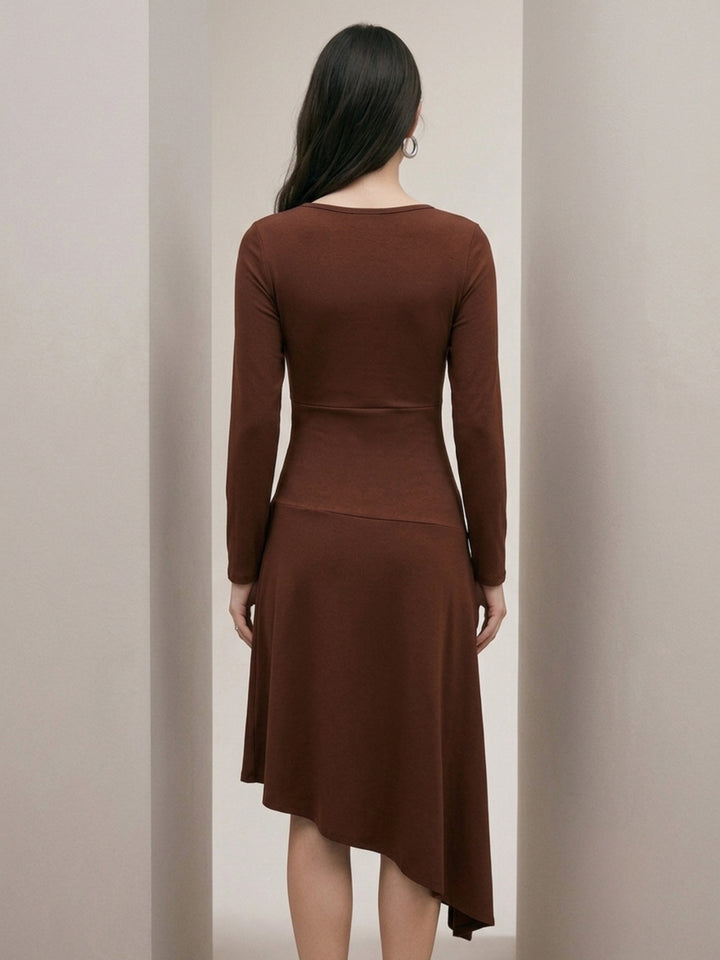 Brown High Neck Fitted Asymmetric Hem Solid Dress