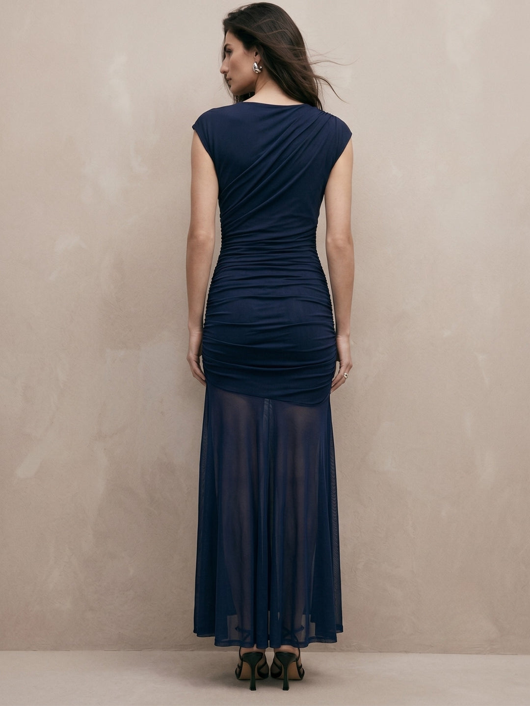 Navy Blue High Boat Neck Fitted Dress