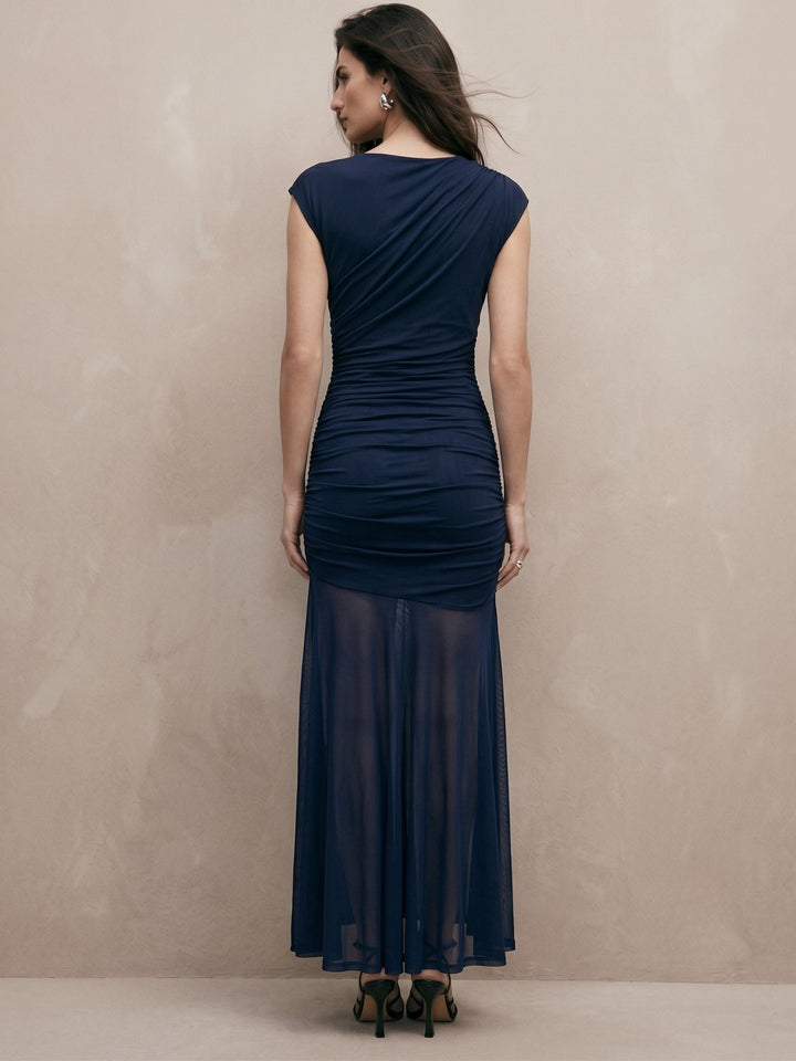 Navy Blue High Boat Neck Fitted Dress