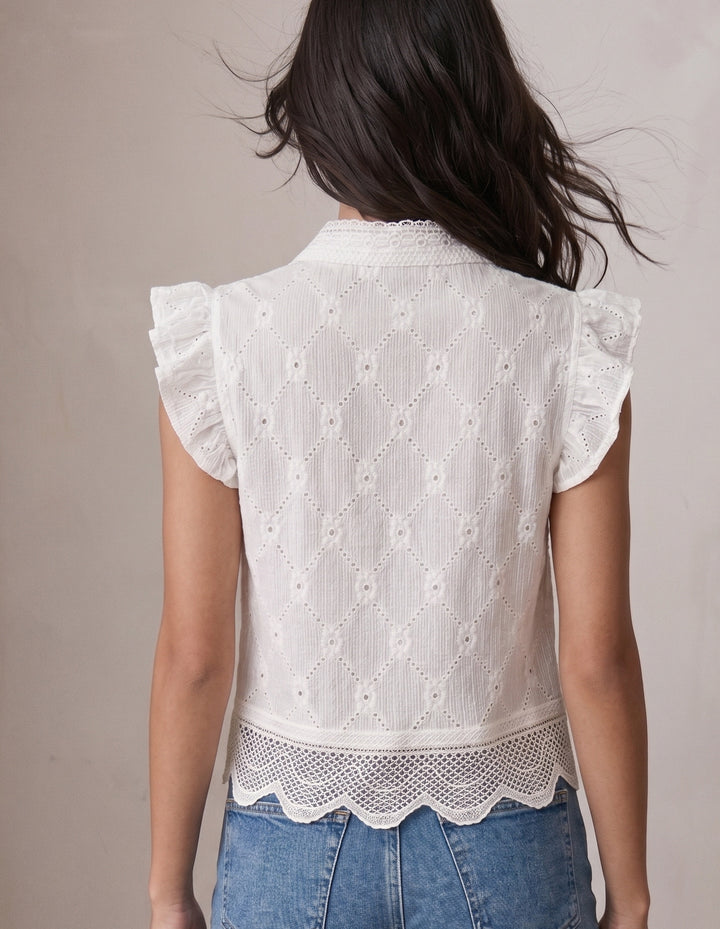 White Ruffle Sleeve Schiffli Top