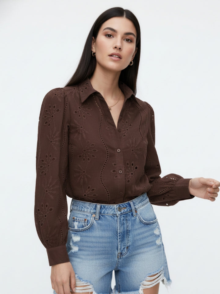 Brown Button Down Schiffli Shirt