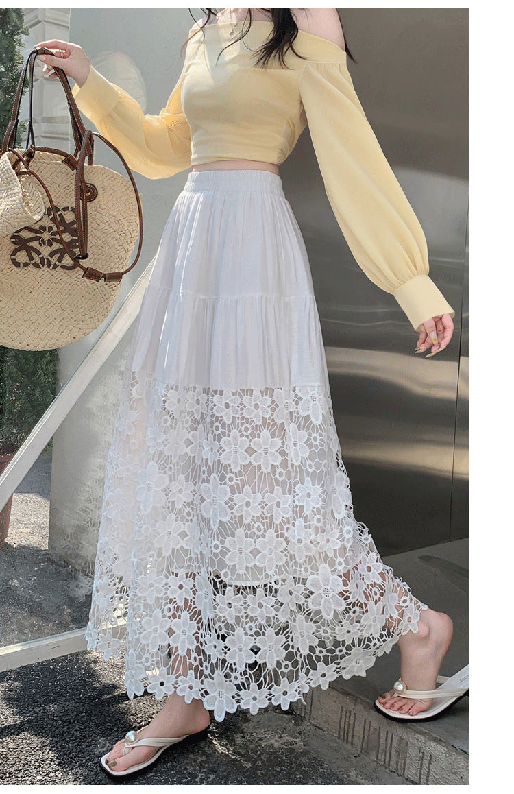 White Solid Skirt With Large Bottom Lace Hem