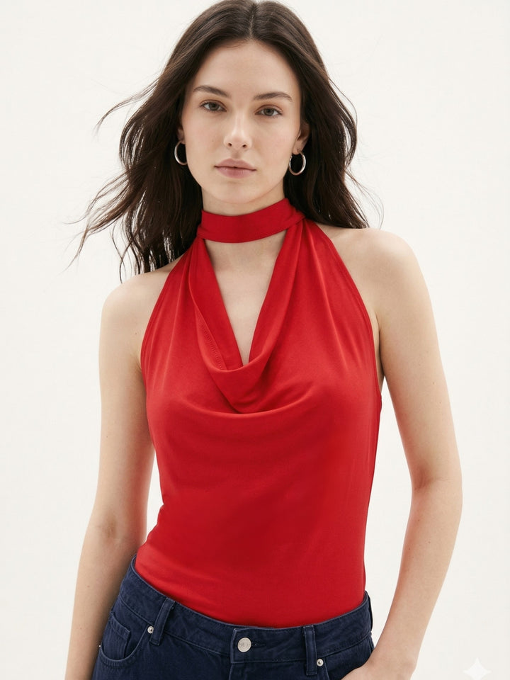 Red Cowl Neck Halter Top