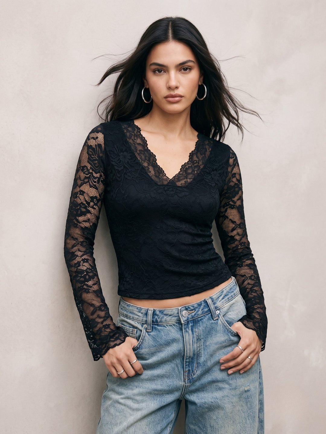 Black Plunge Neck Scalloped Lace Fitted Top