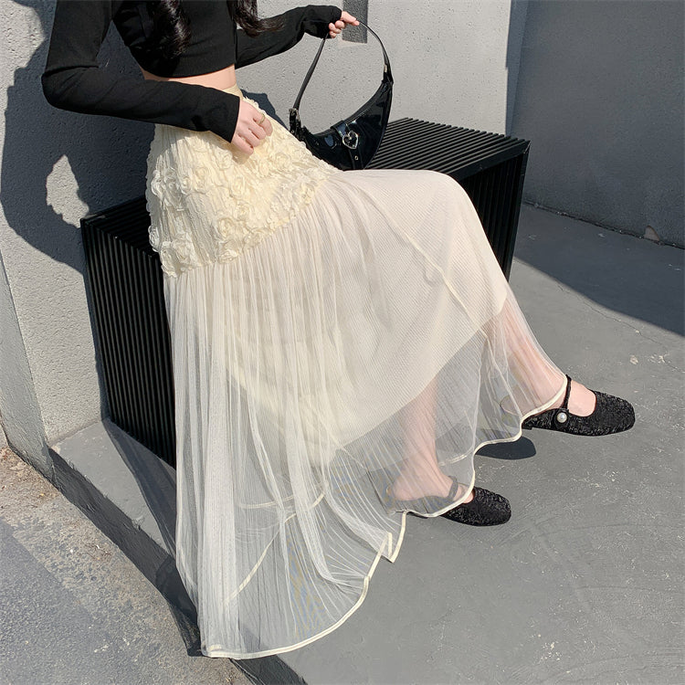Cream Rosette Detailed Half And Half Pleated Skirt