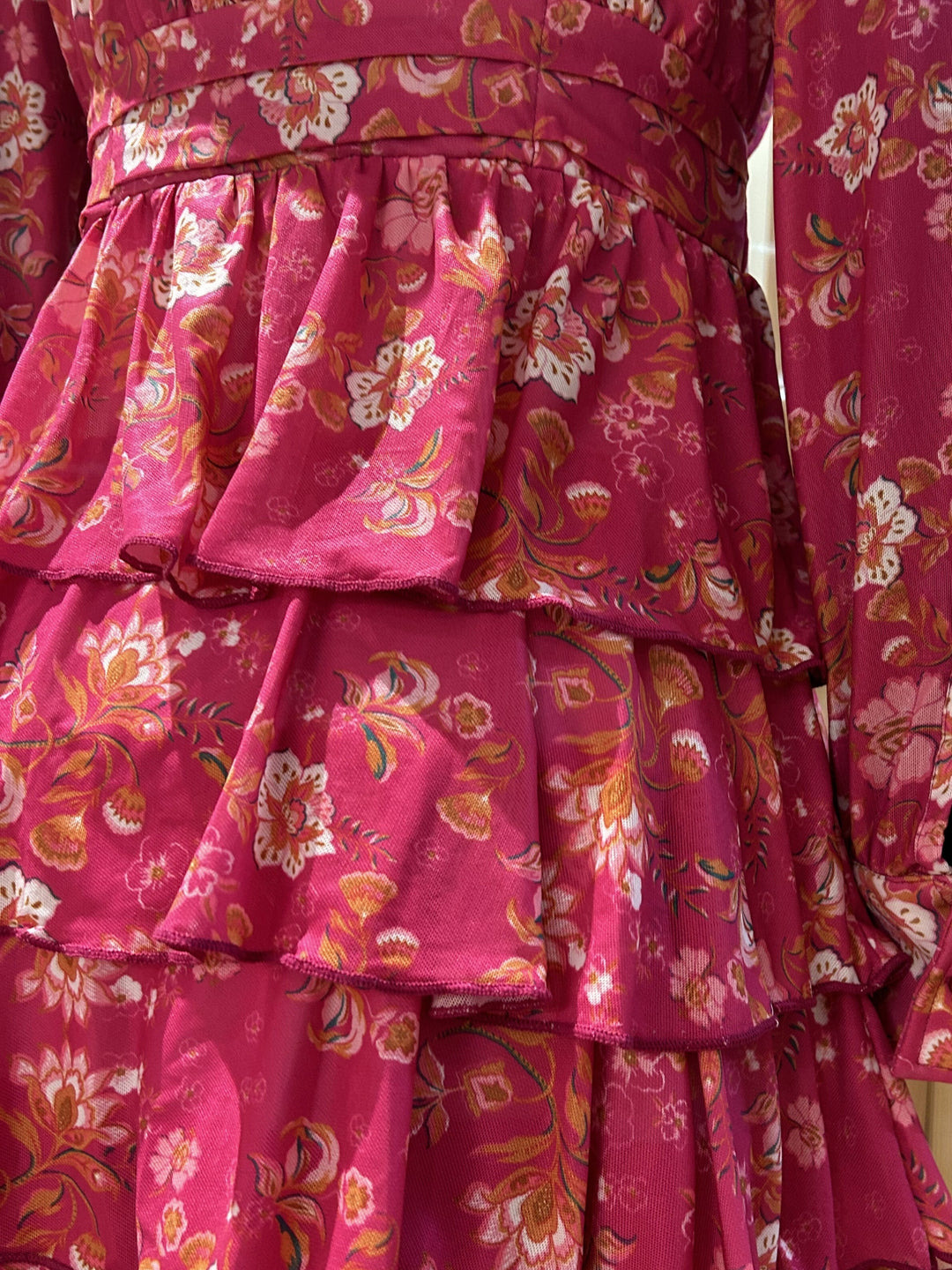 Pink Elegant Floral Layered Ruffle Hem Dress