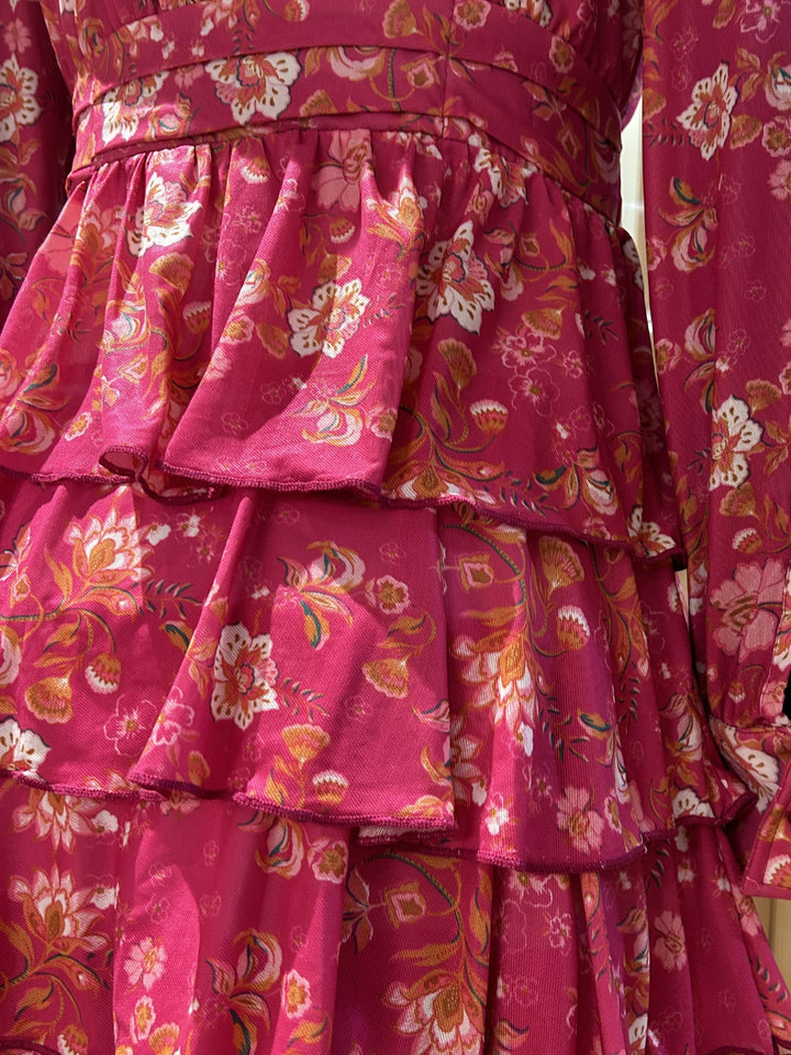 Pink Elegant Floral Layered Ruffle Hem Dress