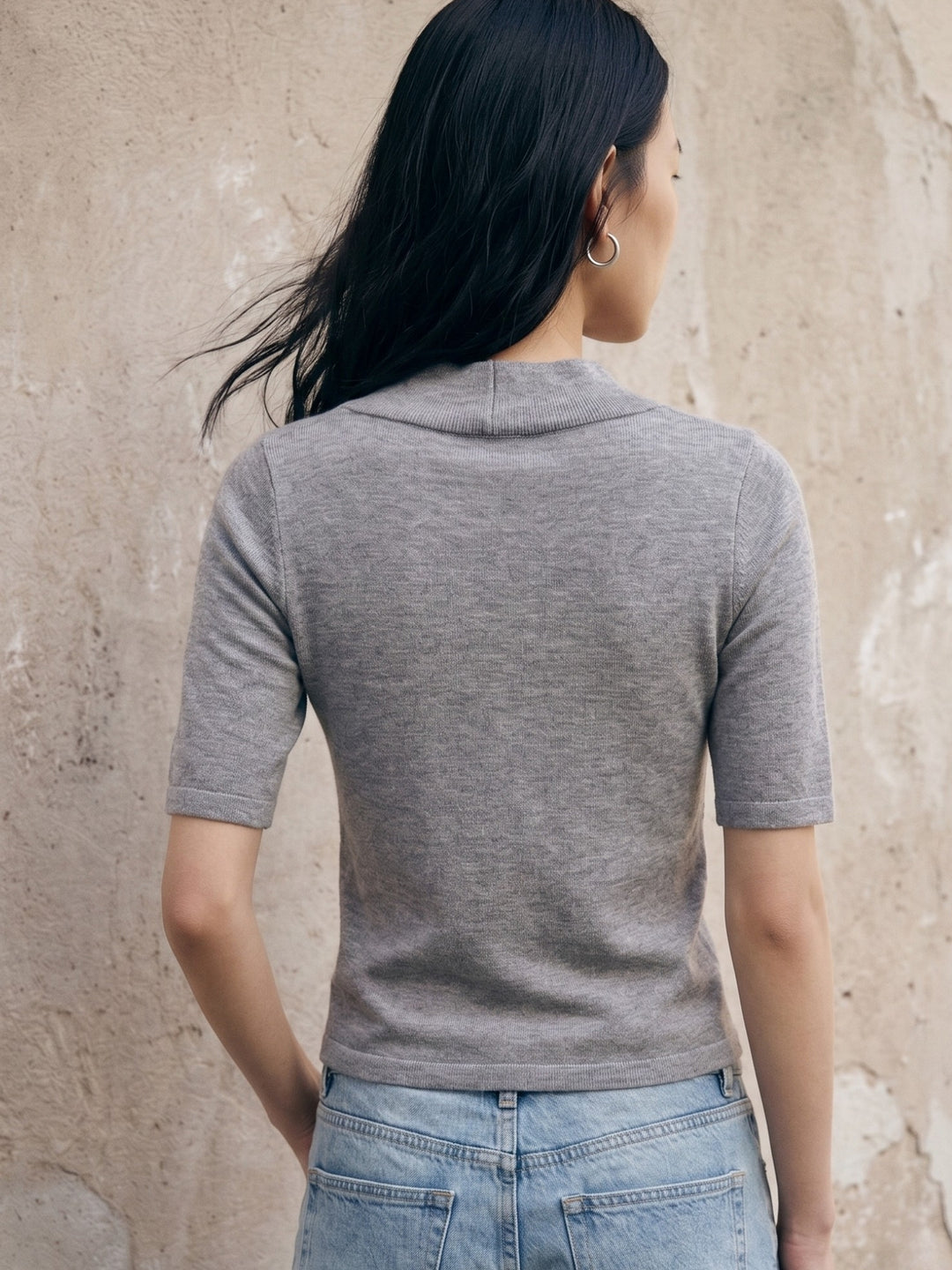 Grey V Notch Neck Fitted Top