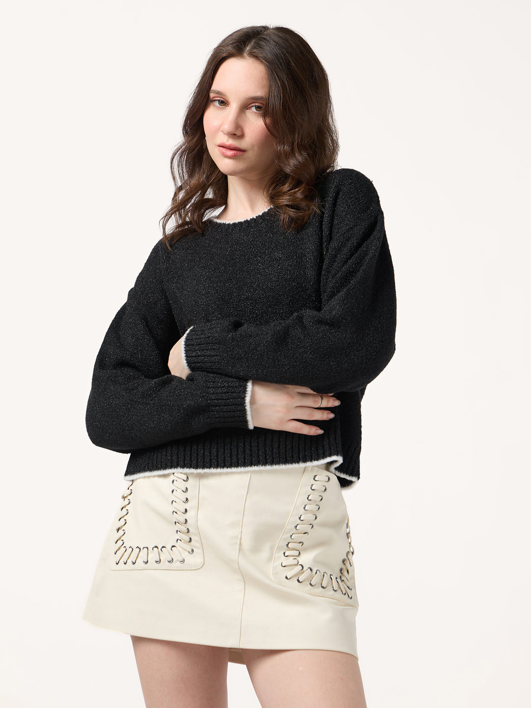 Black Contrast Binding Hem And Neck Sweater