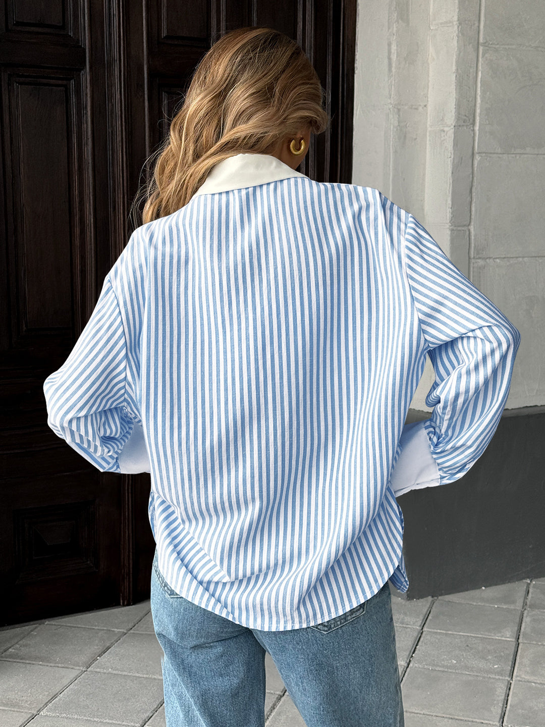 Blue Constrast Cuff Striped Shirt