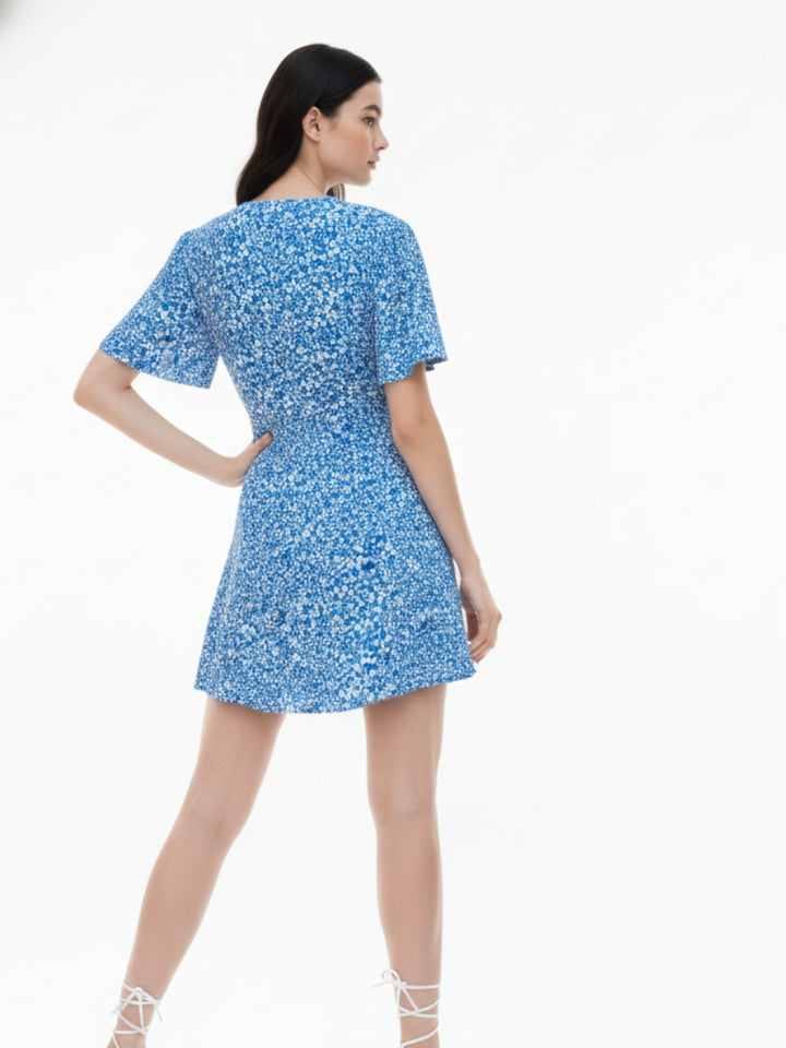 Blue Short Sleeve V Neck Printed Dress