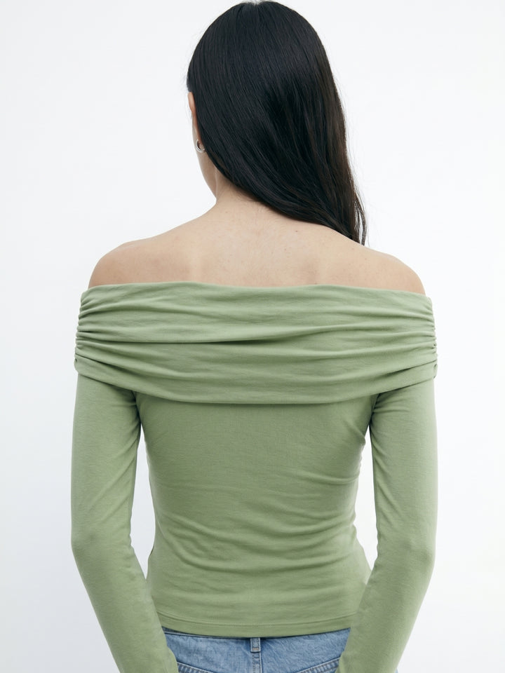Olive Cross Front Off Shoulder Fitted Top