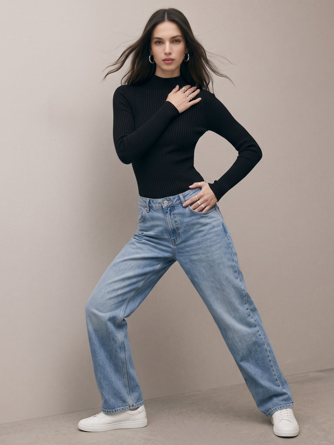 Black Textured High Neck Flat Knit Top