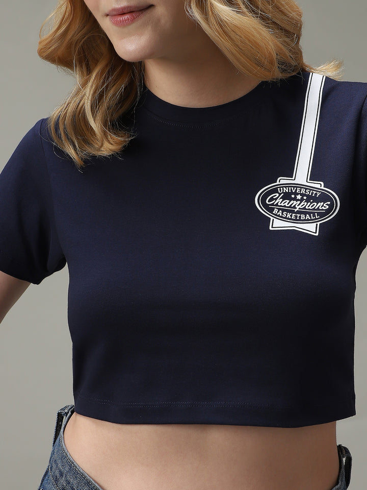Navy Blue Varsity Graphic Cropped T-Shirt