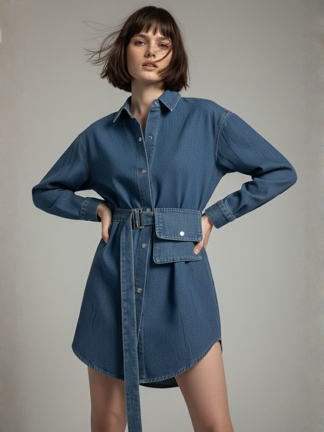 Blue Denim Dress With Belt Pocket