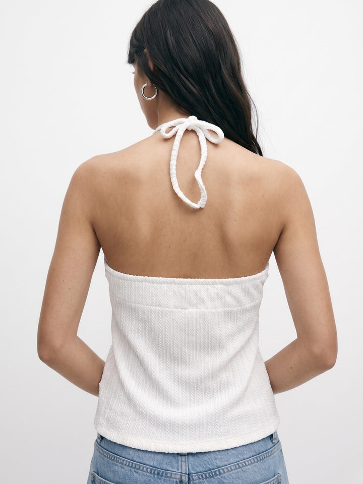 White Textured Knit Halter Neck With Tiered Hem