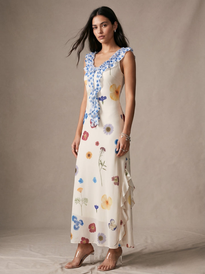 White Ruffle Detail Printed Maxi Dress