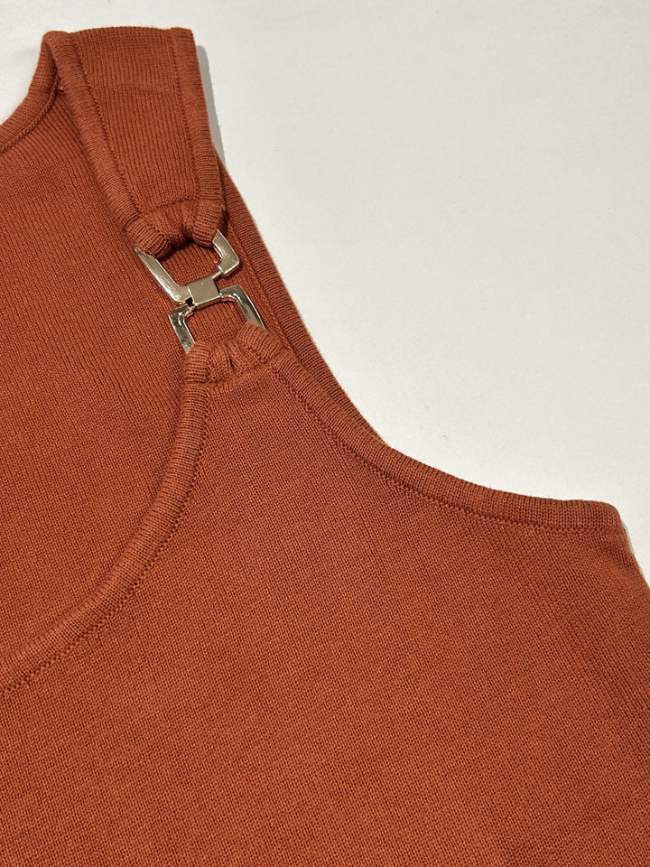 Brown Scoop Neck Tank With Metal Buckles Trim
