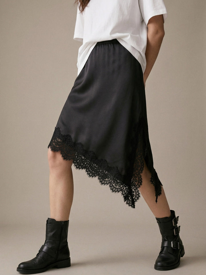 Black Asymmetric Hem Skirt With Lace Inserts