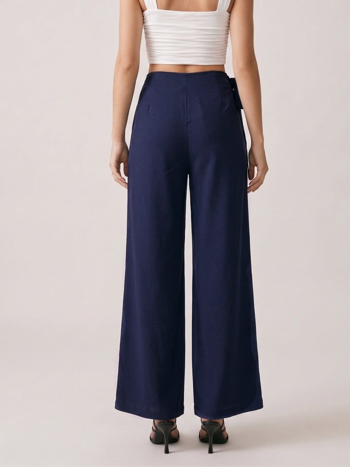 Navy Blue High Waist Wide Leg Wrap Trousers