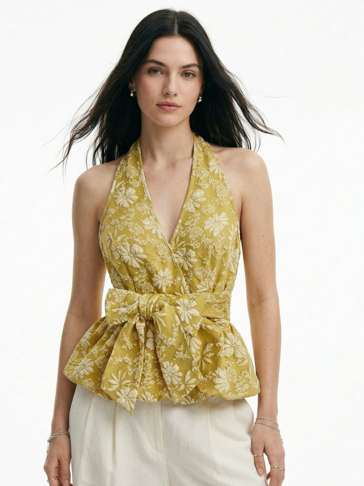 Mustard Halter Neck Waist Bow Textured Top