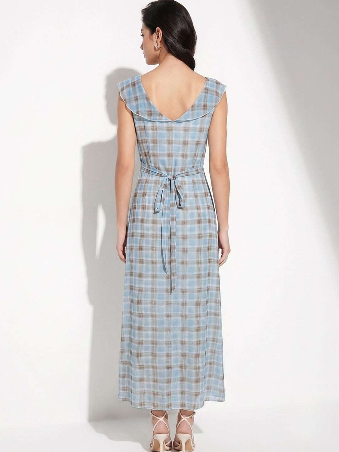 Light Blue Checkered Maxi Dress With Ruffled Neck