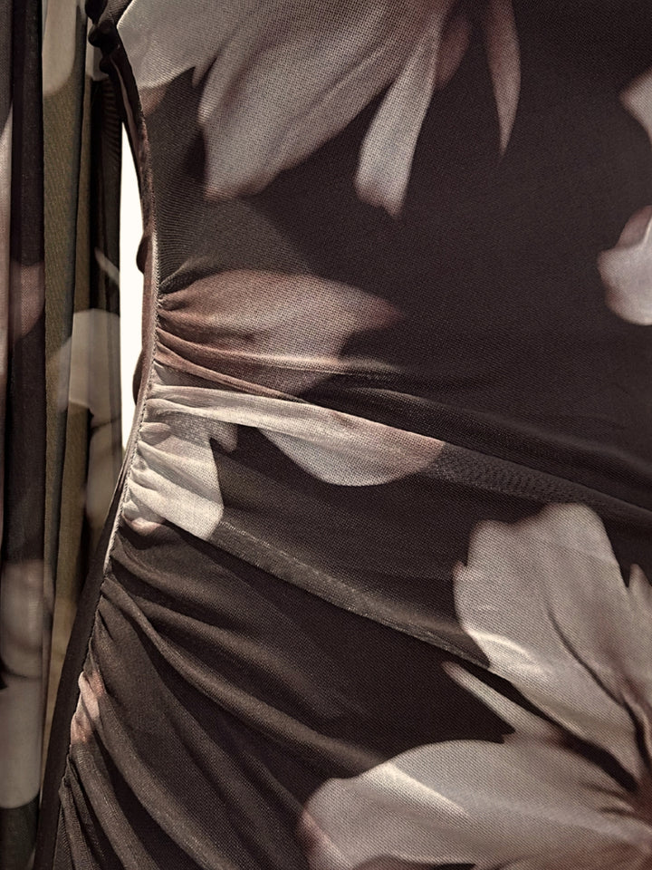 Brown Strappy Printed Mesh Dress With Scarf Detail