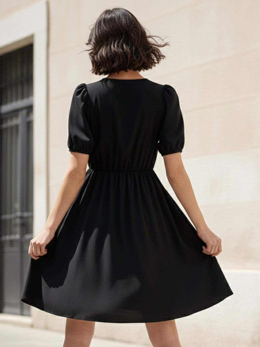 Black Puff Sleeve Front Knot Dress