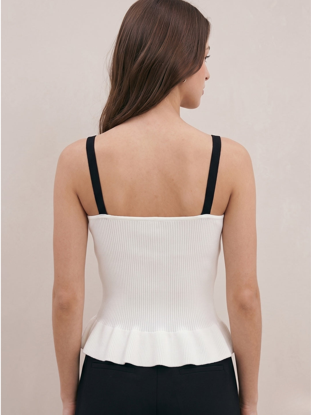 White Strappy Contrast Piping Peplum Top With Small Bow Detail