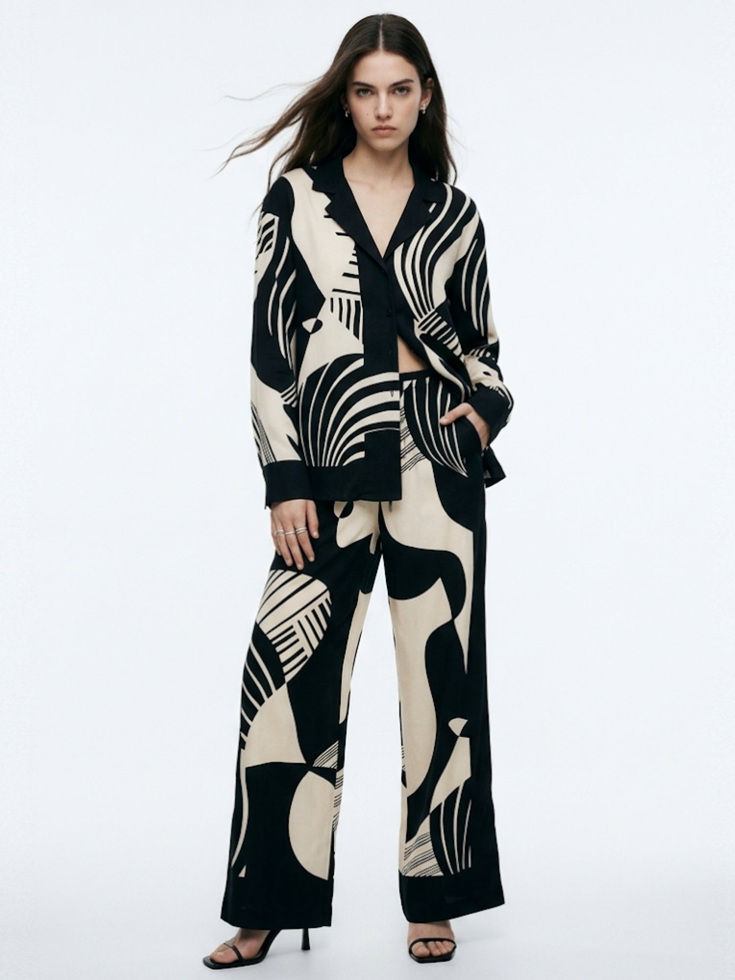 Black Abstract Print Shirt And Trouser Co-Ord Set