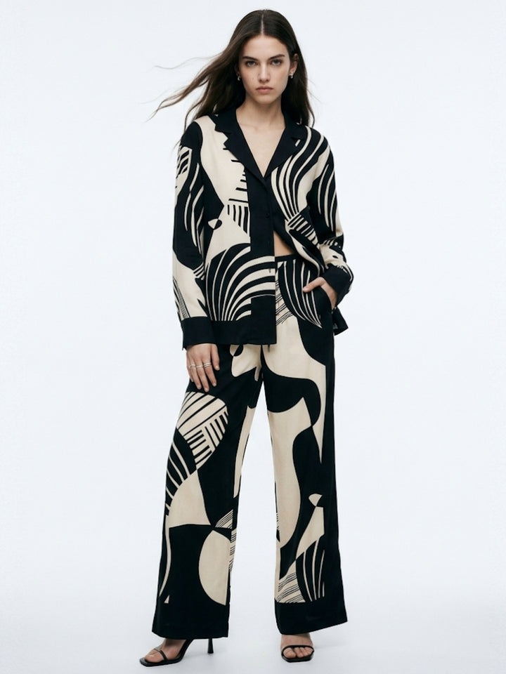 Black Abstract Print Shirt And Trouser Co-Ord Set