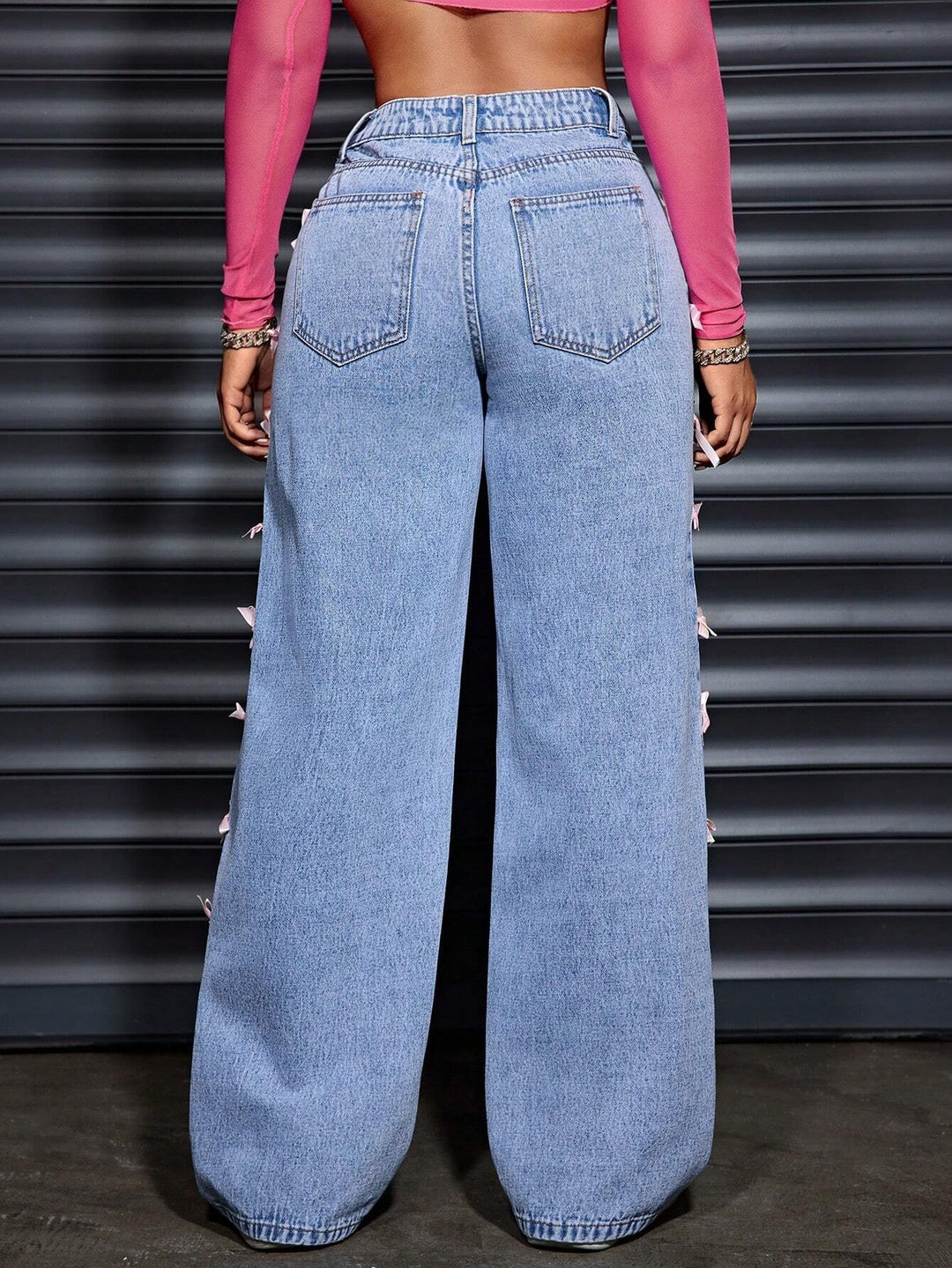Blue Side Seam Bow Detailed Denim