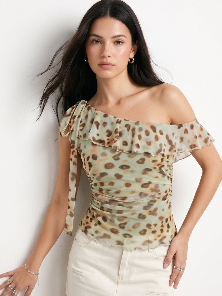 Multi Animal Print Asymmetric Ruffle Top