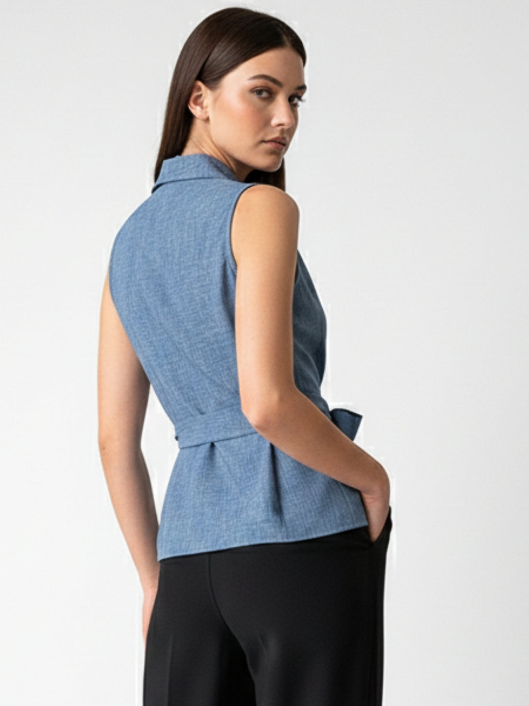 Blue Lapel Collar Wrap Top With Side Tie Detail