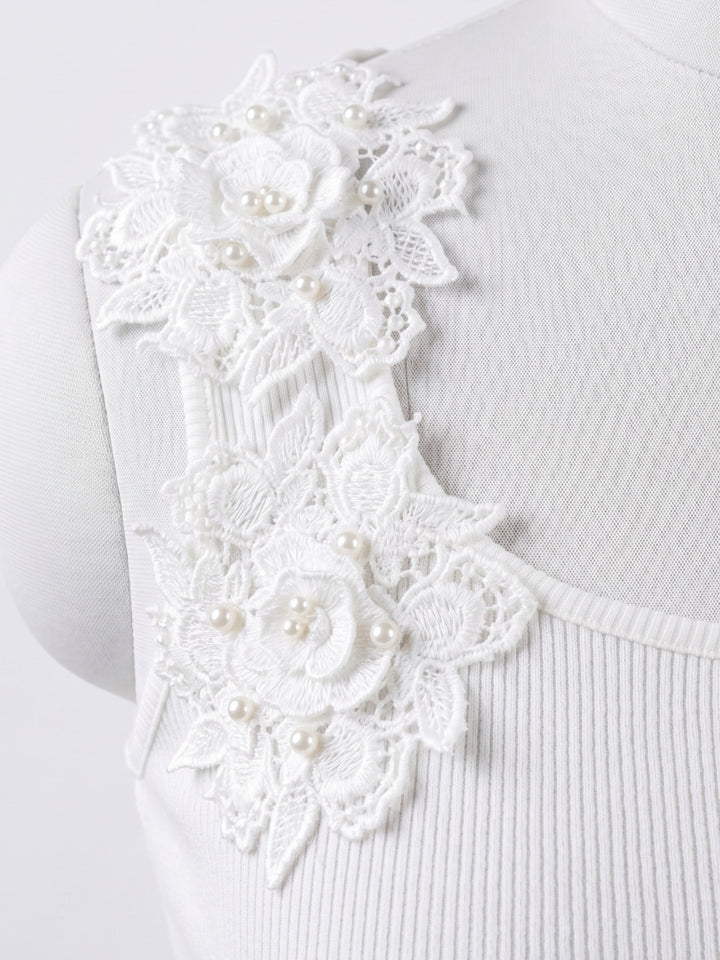 White Floral Embellished Sleeve Fitted Top