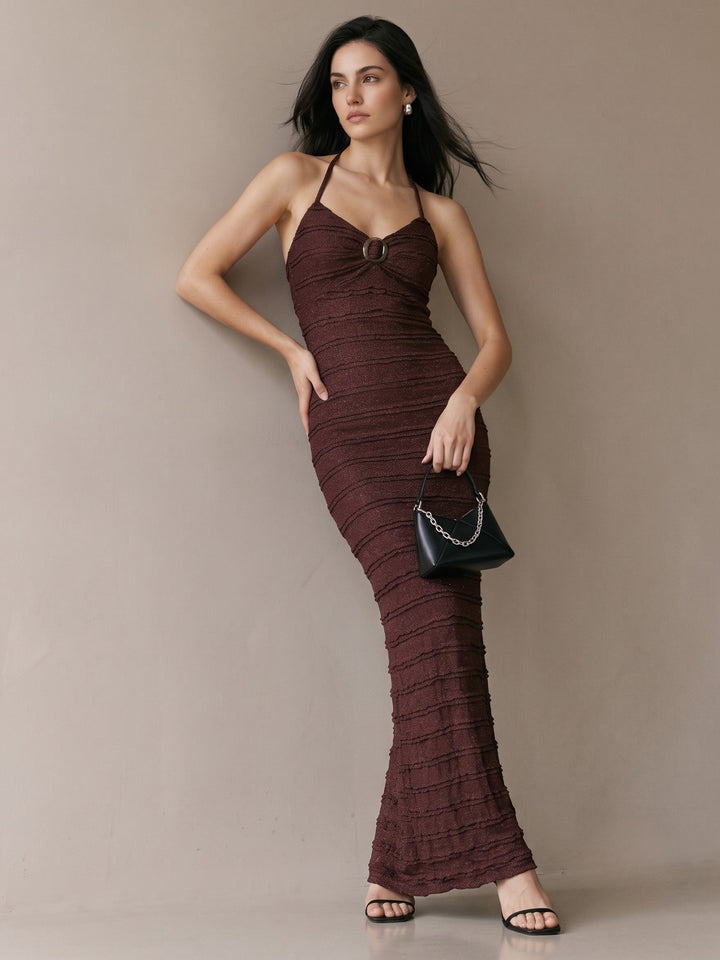 Brown Halter Neck Textured Bodycon Dress